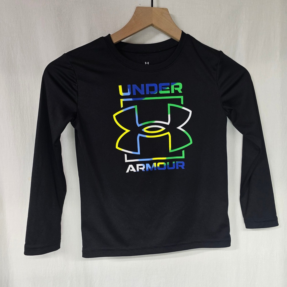 Kids Under Armour Long Sleeve Shirt Black Graphic Logo Size 6